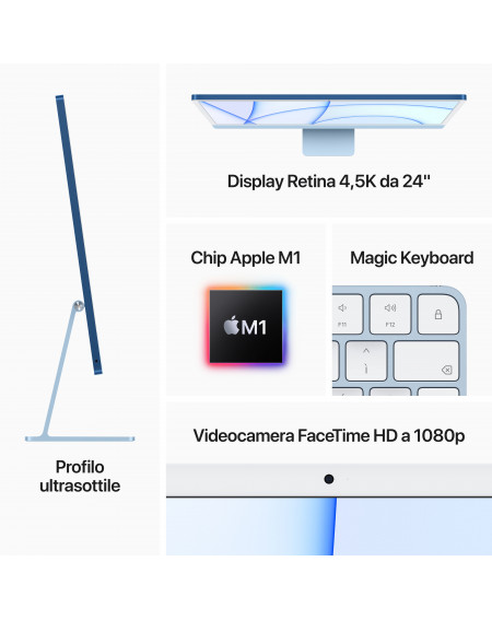 iMac 24" Retina 4.5K CPU Apple M1 chip 8-core GPU 7-core Ram 8GB SSD 256GB - Blu - Rigenerato ex demo