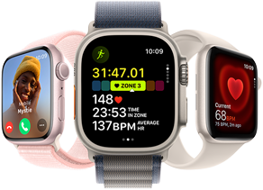 Apple Watch Series 9 facing slightly left, Apple Watch Ultra 2 facing forwards, and Apple Watch SE facing slightly right