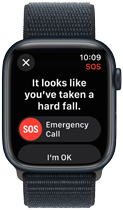 Apple Watch Series 9 detecting a hard fall and showing an option for an emergency call
