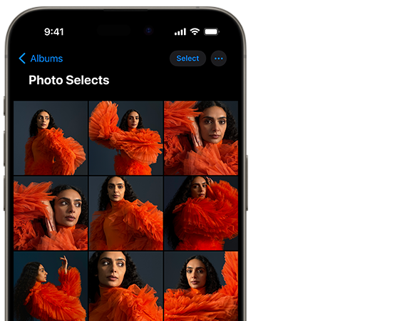 iPhone 15 Pro Camera roll showing a number of Portrait images of a person wearing a bright red dress with a dark atmospheric background to show you can take even more photos on your iPhone