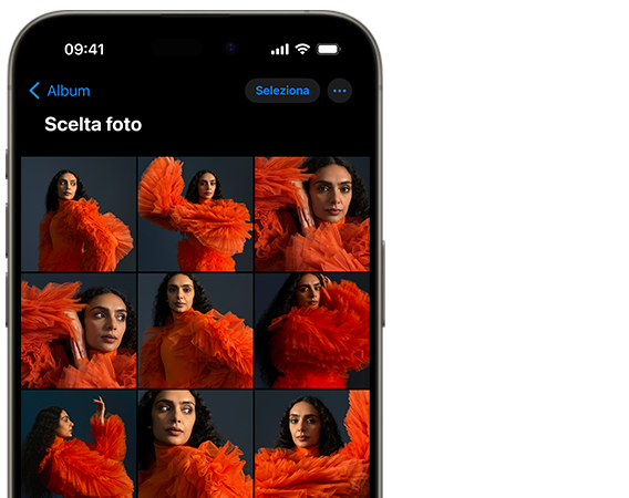 Lo schermo di un iPhone 15 Pro con una serie di ritratti di una persona che indossa un abito rosso su uno sfondo scuro, per evidenziare che c'è ancora più spazio per le foto