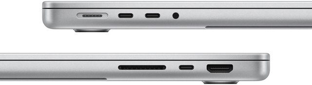 Viste laterali di un MacBook Pro 14 pollici con chip M3 Pro che mostrano le porte: sul lato sinistro, porta MagSafe, due porte Thunderbolt 4, jack per cuffie; sul lato destro, slot SDXC card, una porta Thunderbolt 4, porta HDMI