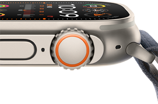 Apple Watch Ultra 2 con la robusta cassa in titanio, display piatto, Digital Crown e tasto laterale