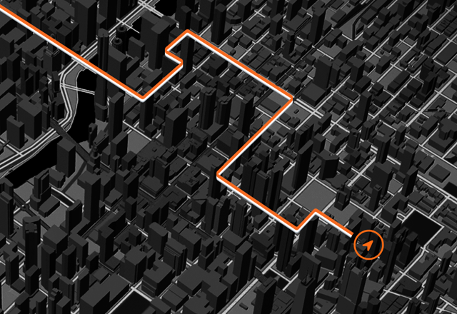 Una mappa con una strada evidenziata in un ambiente urbano densamente edificato, per mostrare la precisione del GPS