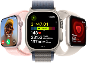 Un Apple Watch Series 9 rivolto leggermente verso sinistra, un Apple Watch Ultra 2 rivolto in avanti e un Apple Watch SE rivolto leggermente verso destra