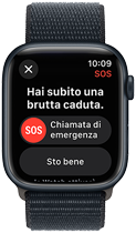 Un Apple Watch Series 9 che ha rilevato una brusca caduta e mostra l’opzione per la chiamata di emergenza